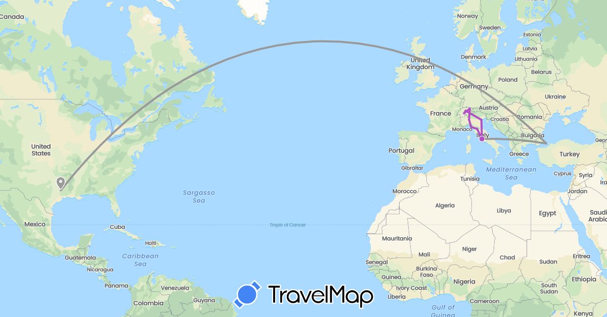 TravelMap itinerary: driving, plane, train in Switzerland, Italy, Turkey, United States (Asia, Europe, North America)